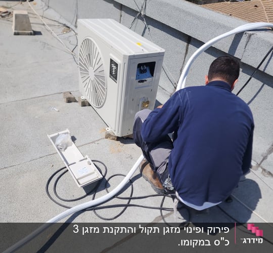 טכנאי מתקין מזגן על גג עם צינורות וחוטים